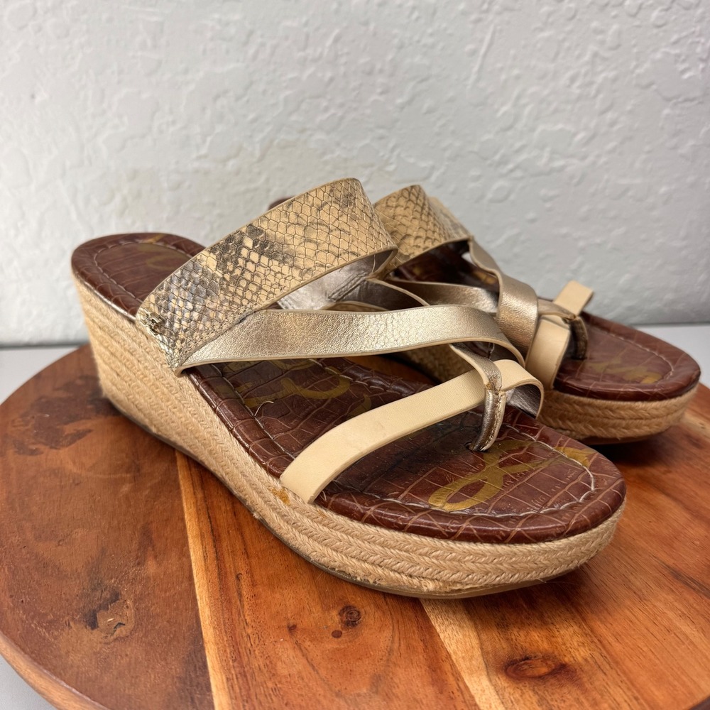 Sam Edelman Raleigh Womens 9.5M Gold Snakeskin Leather Espadrille Wedge Sandals